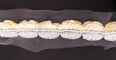 White Net Lace With Beige Sequins and Off White Beads, Scallop Trim, Exclusive Laces
